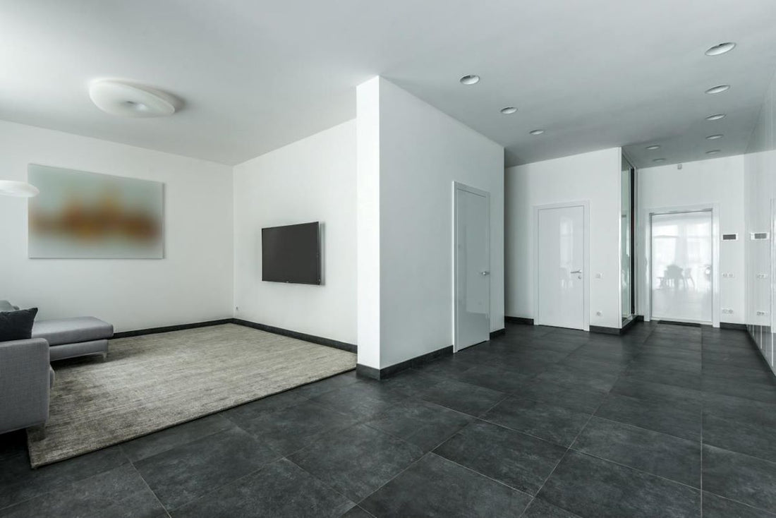 Modern living room featuring a sleek bladeless ceiling fan