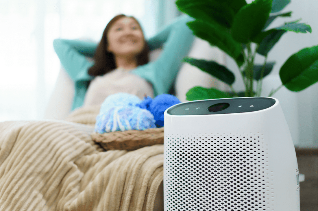 Sleek filterless air purifier in a modern living room
