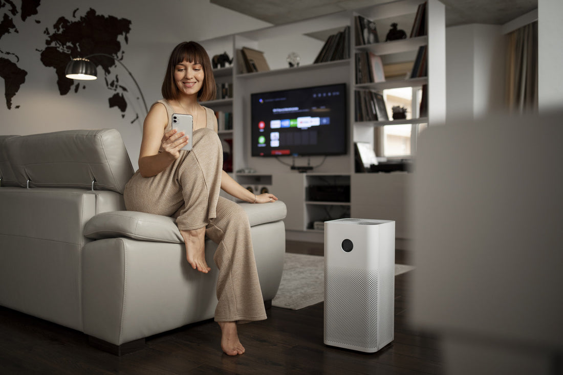 Woman using a smartphone app to control a smart ion air purifier