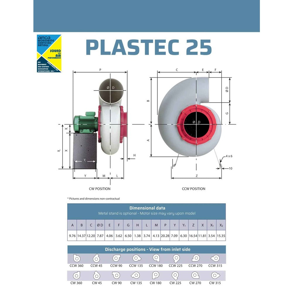 P25SS4P050WH3 Plastec Ventilation Duct Fans Polypropylene Blowers, Dimension